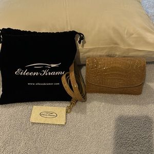 Eileen Kramer genuine crocodile clutch in sand color with detachable strap.